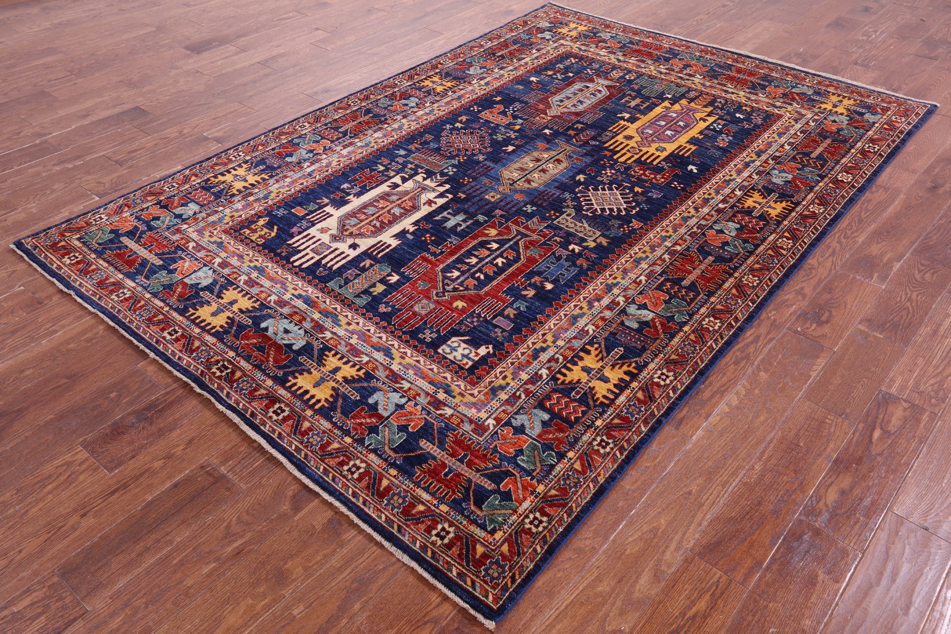 Blue Persian Fine Serapi Handmade Wool Rug - 5' 11" X 8' 9" - Golden Nile
