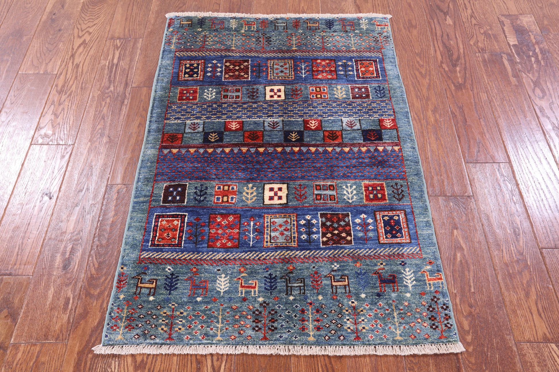 Green Tribal Persian Gabbeh Handmade Wool Rug - 2' 8" X 4' 0" - Golden Nile