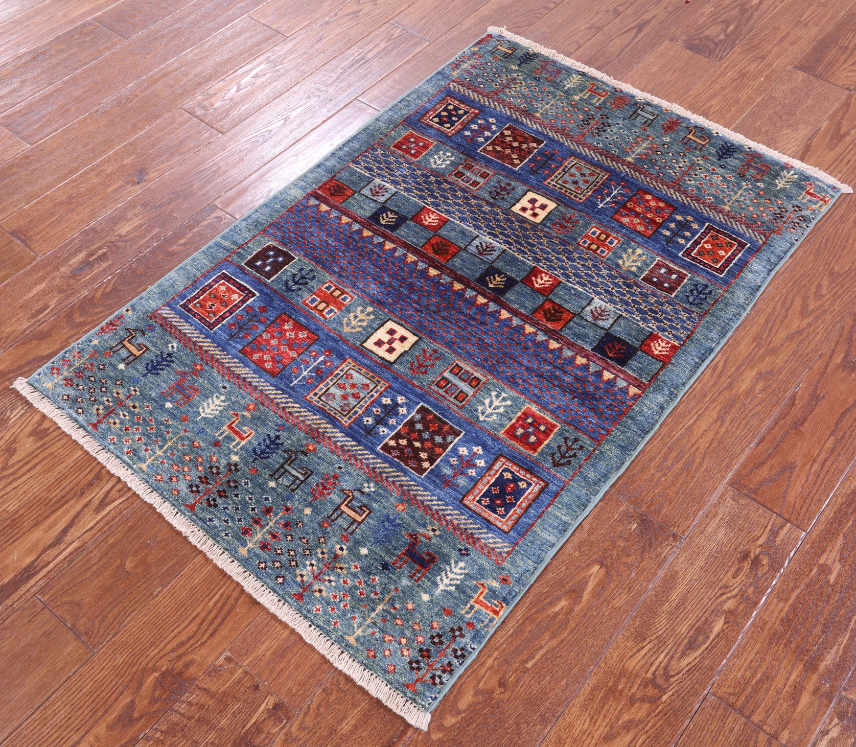 Green Tribal Persian Gabbeh Handmade Wool Rug - 2' 8" X 4' 0" - Golden Nile