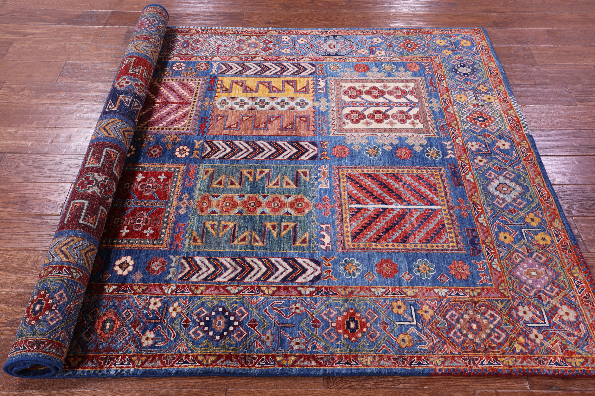 Blue Persian Fine Serapi Hand Knotted Wool Rug - 4' 11" X 7' 0" - Golden Nile