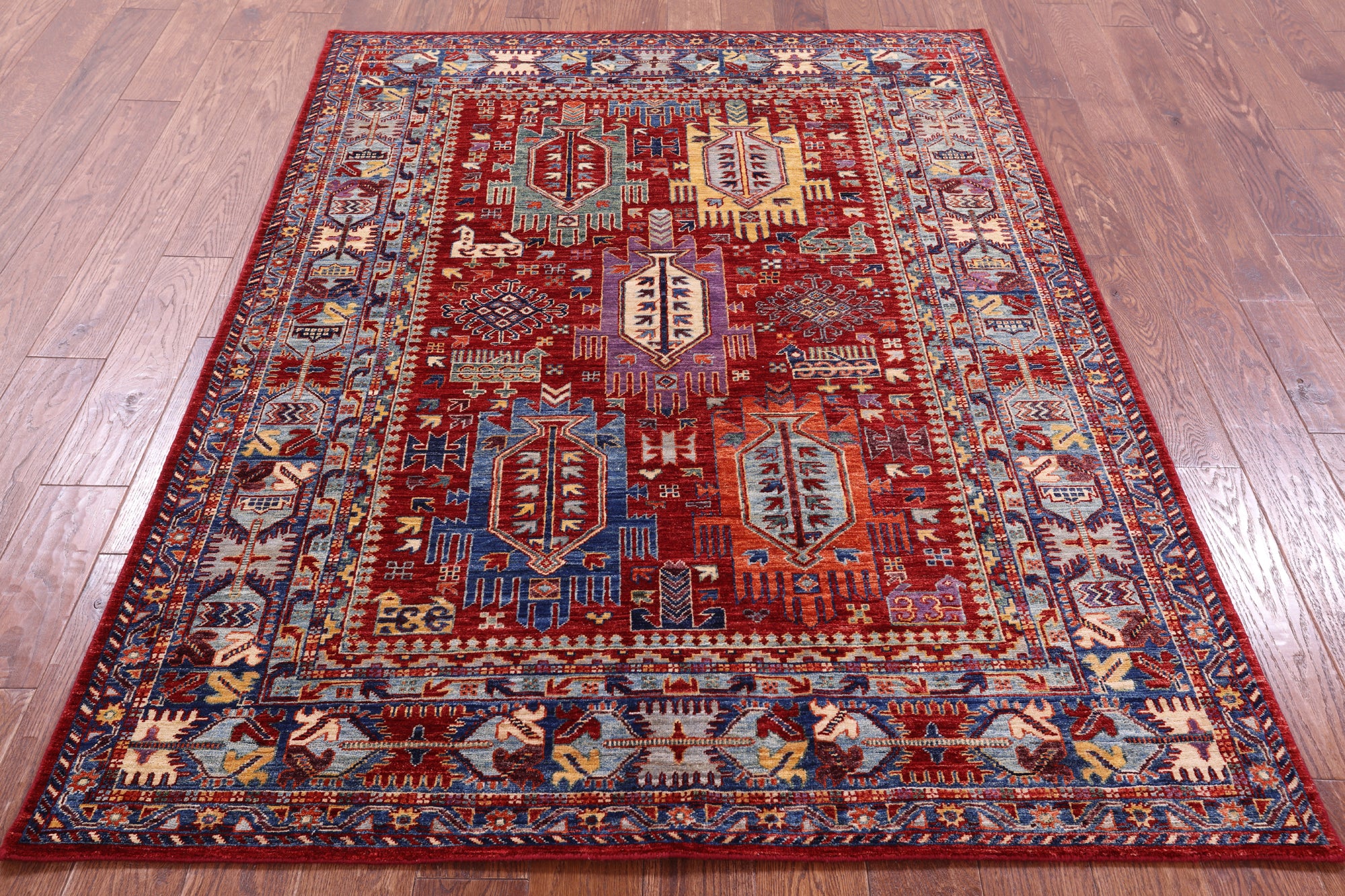 Red Persian Fine Serapi Hand Knotted Wool Rug - 5' 0" X 6' 9" - Golden Nile