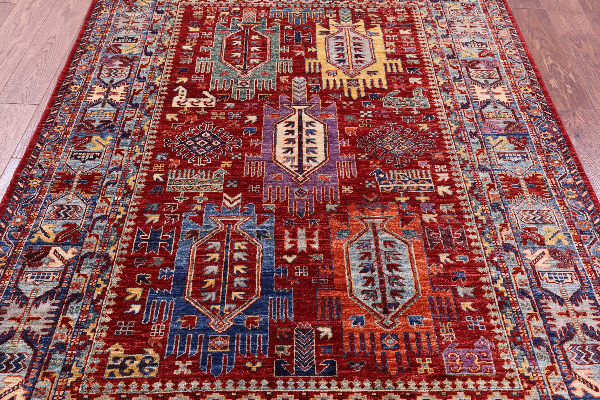 Red Persian Fine Serapi Hand Knotted Wool Rug - 5' 0" X 6' 9" - Golden Nile