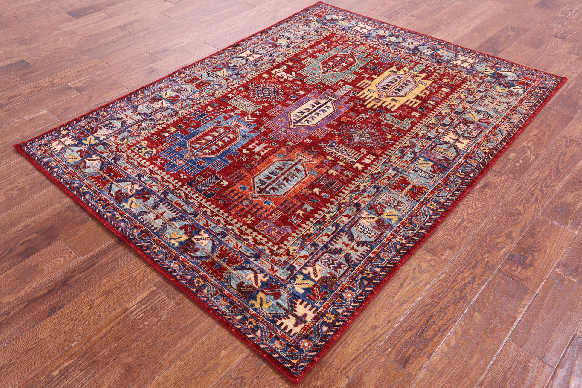 Red Persian Fine Serapi Hand Knotted Wool Rug - 5' 0" X 6' 9" - Golden Nile