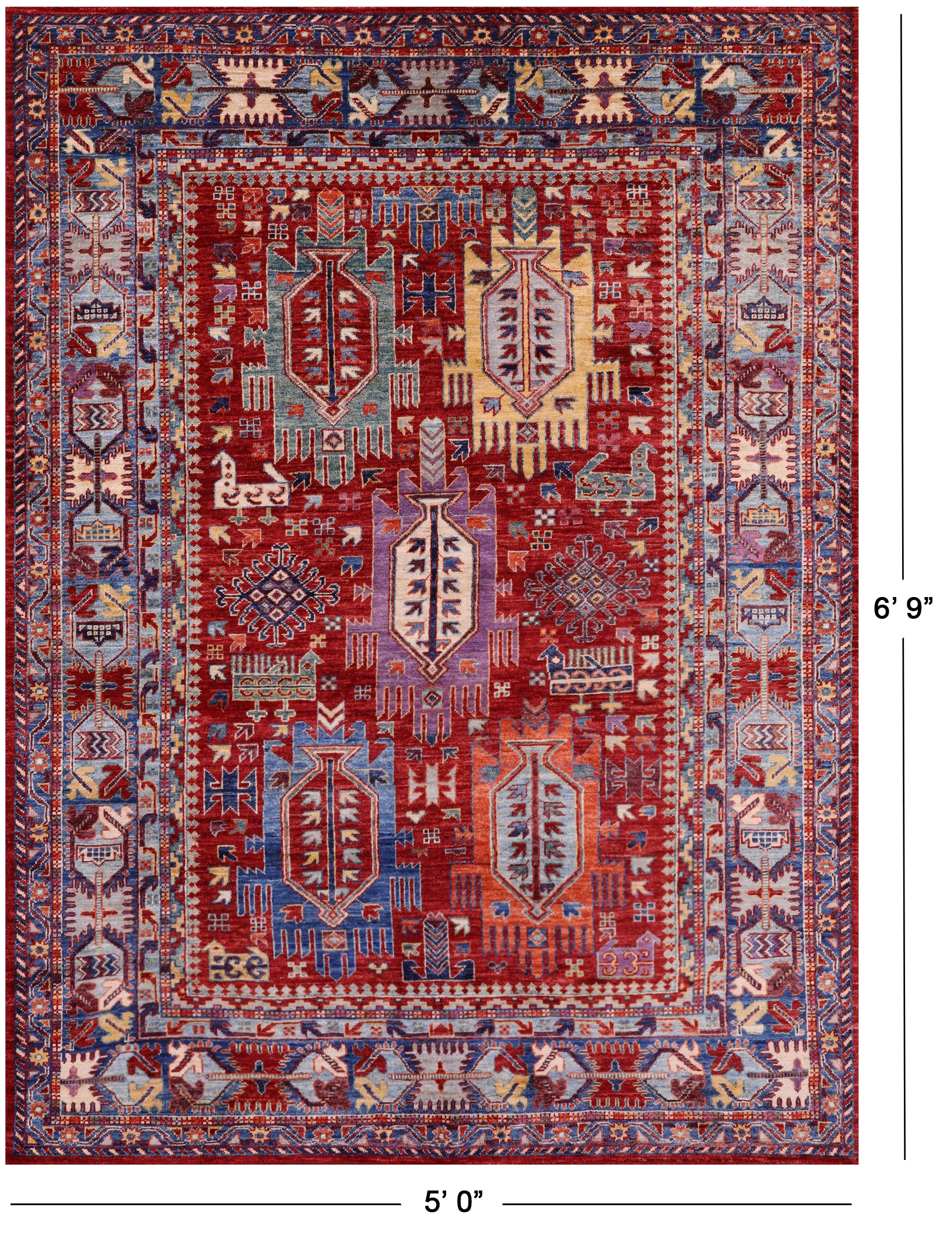Red Persian Fine Serapi Hand Knotted Wool Rug - 5' 0" X 6' 9" - Golden Nile