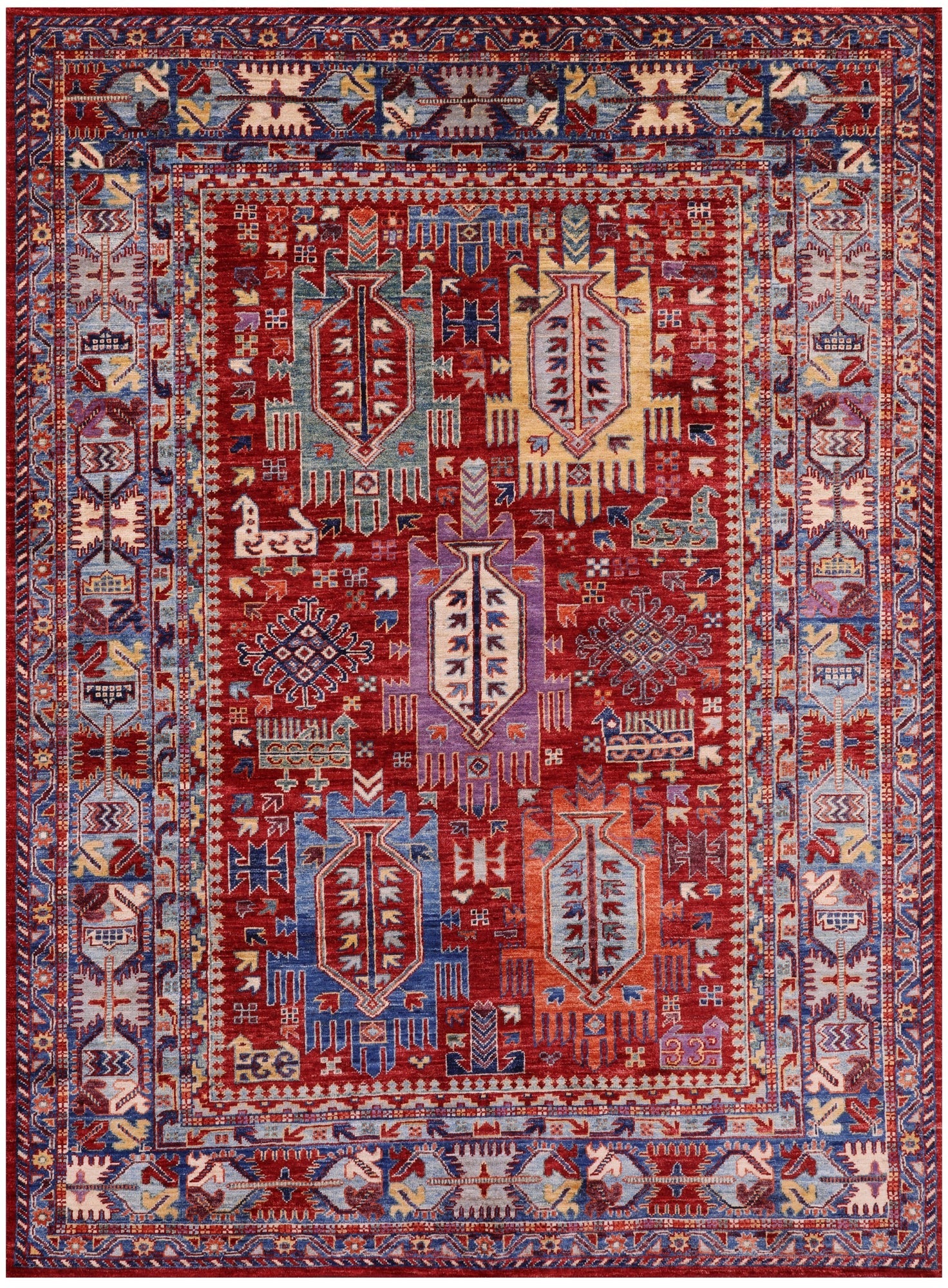 Red Persian Fine Serapi Hand Knotted Wool Rug - 5' 0" X 6' 9" - Golden Nile