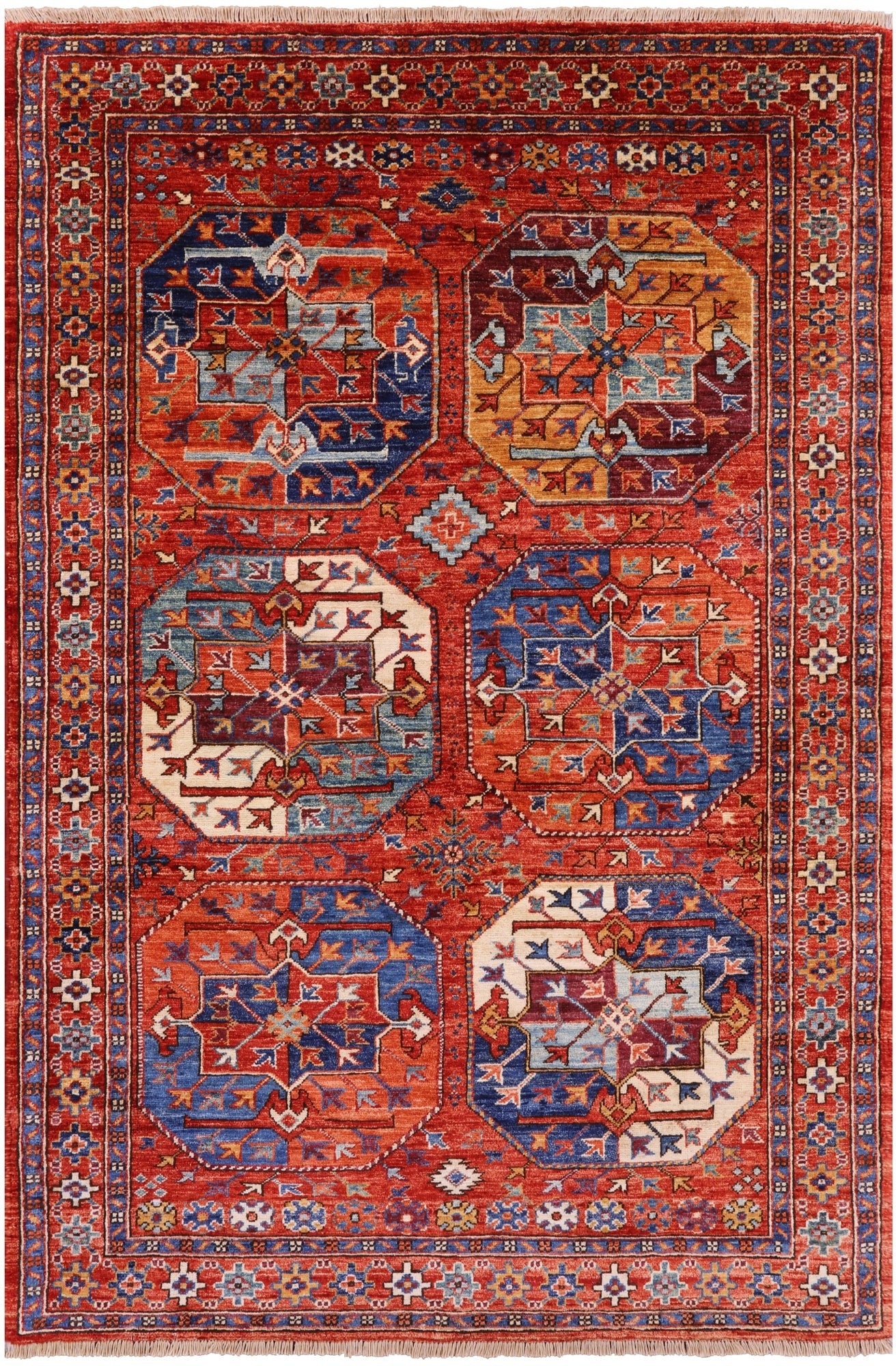 Red Turkmen Ersari Hand Knotted Wool Rug - 3' 11" X 5' 11" - Golden Nile