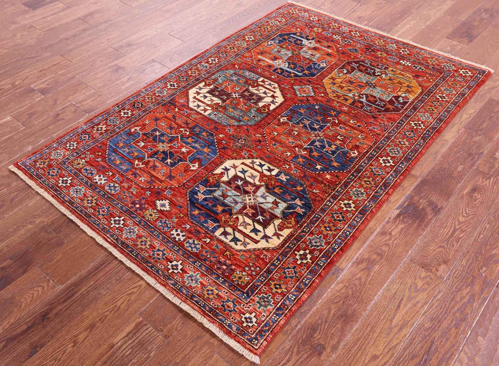 Red Turkmen Ersari Hand Knotted Wool Rug - 3' 11" X 5' 11" - Golden Nile
