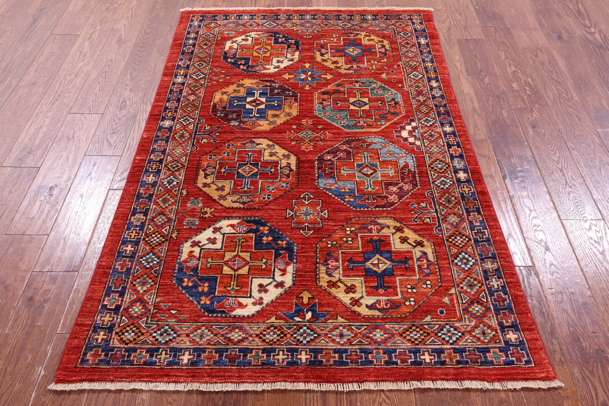 Red Turkmen Ersari Hand Knotted Wool Rug - 3' 9" X 5' 10" - Golden Nile