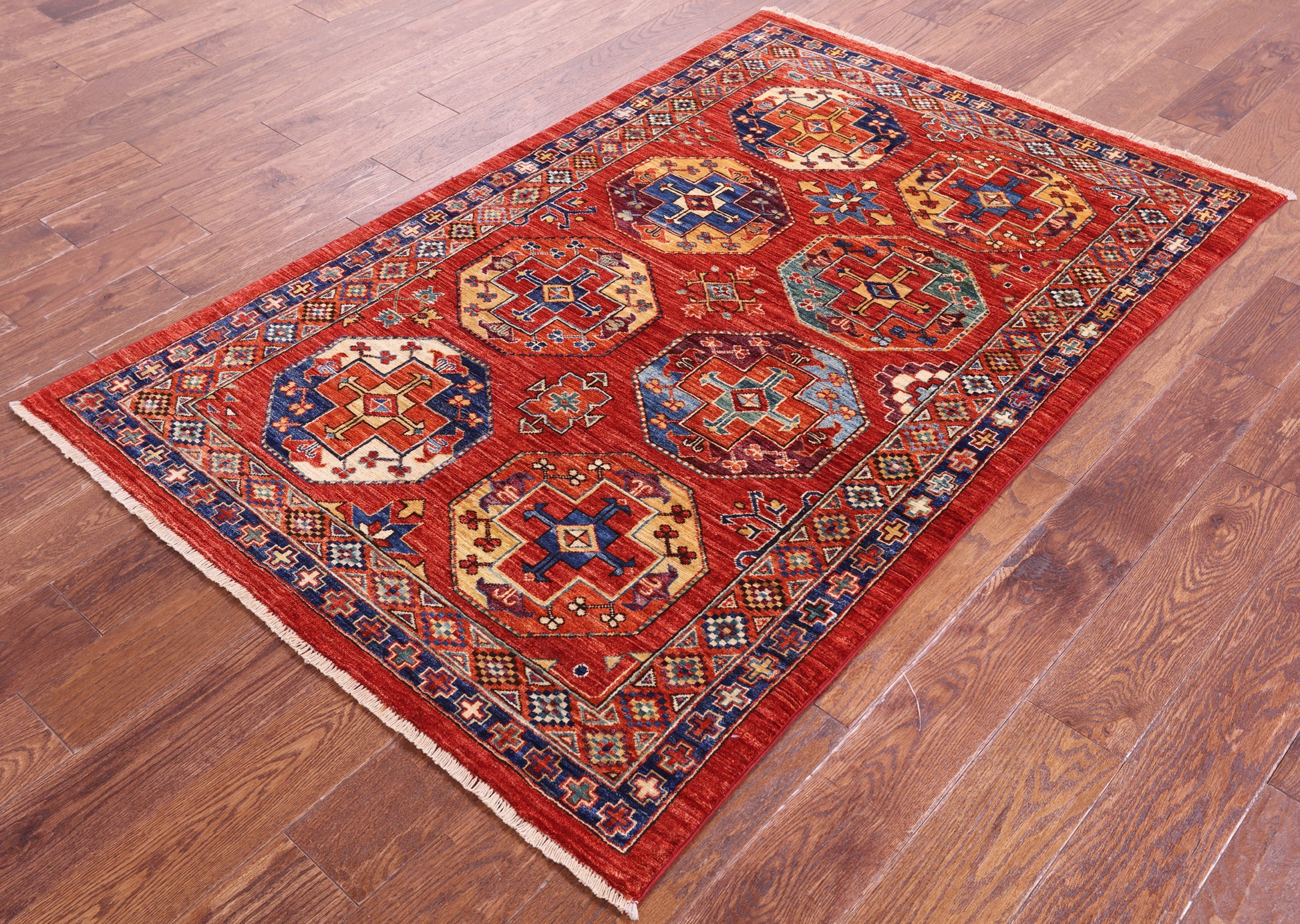 Red Turkmen Ersari Hand Knotted Wool Rug - 3' 9" X 5' 10" - Golden Nile