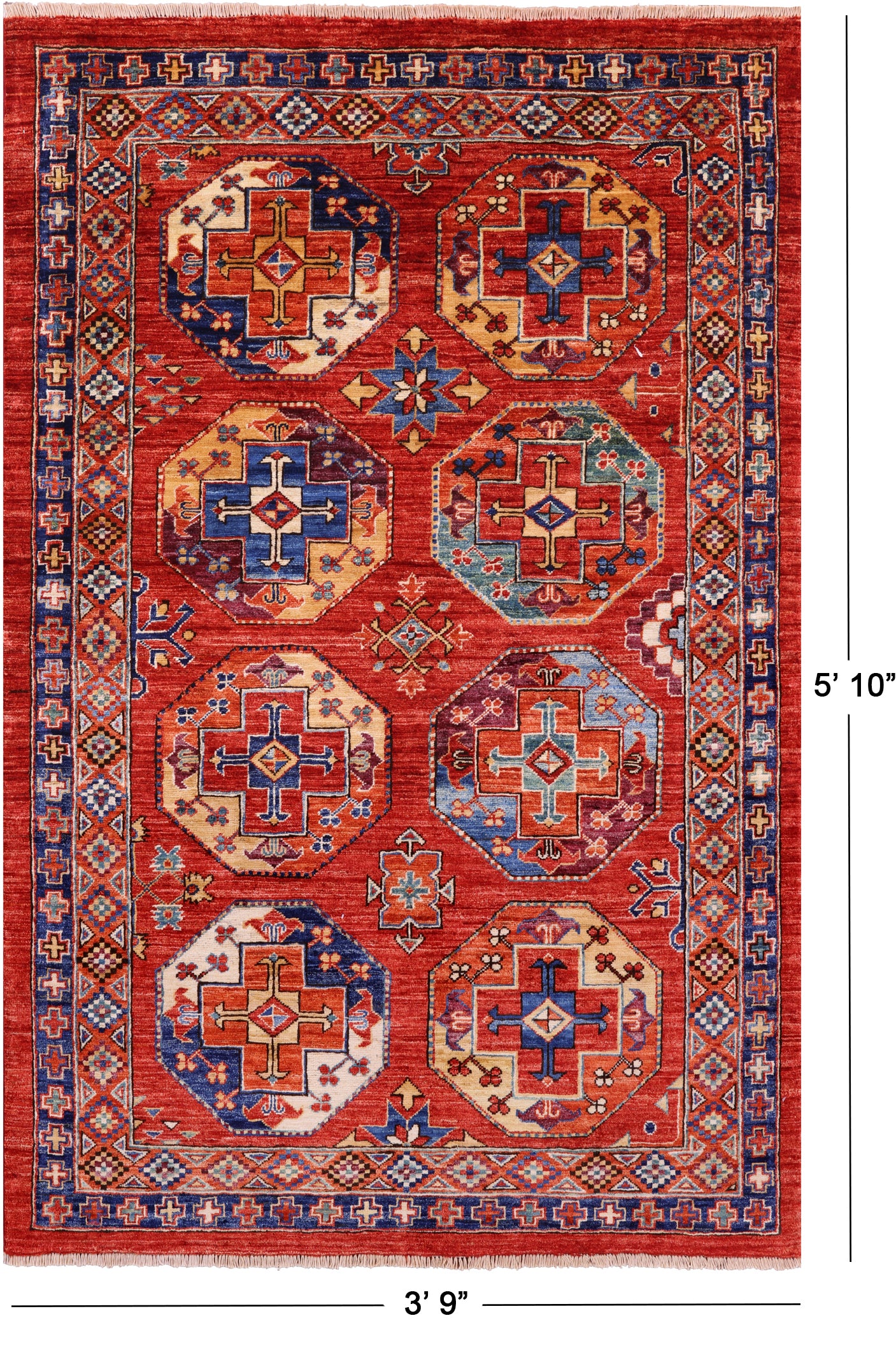 Red Turkmen Ersari Hand Knotted Wool Rug - 3' 9" X 5' 10" - Golden Nile
