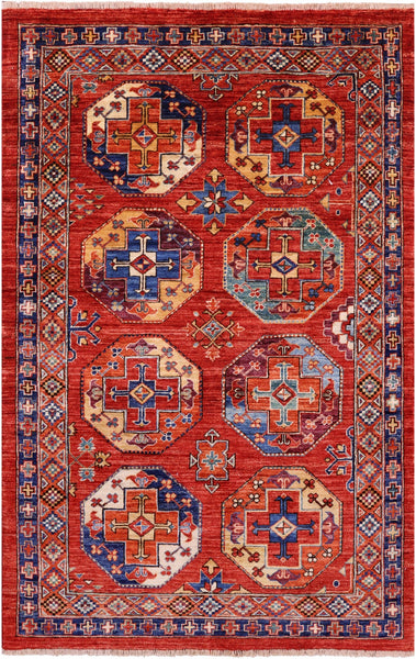 Red Turkmen Ersari Hand Knotted Wool Rug - 3' 9" X 5' 10" - Golden Nile