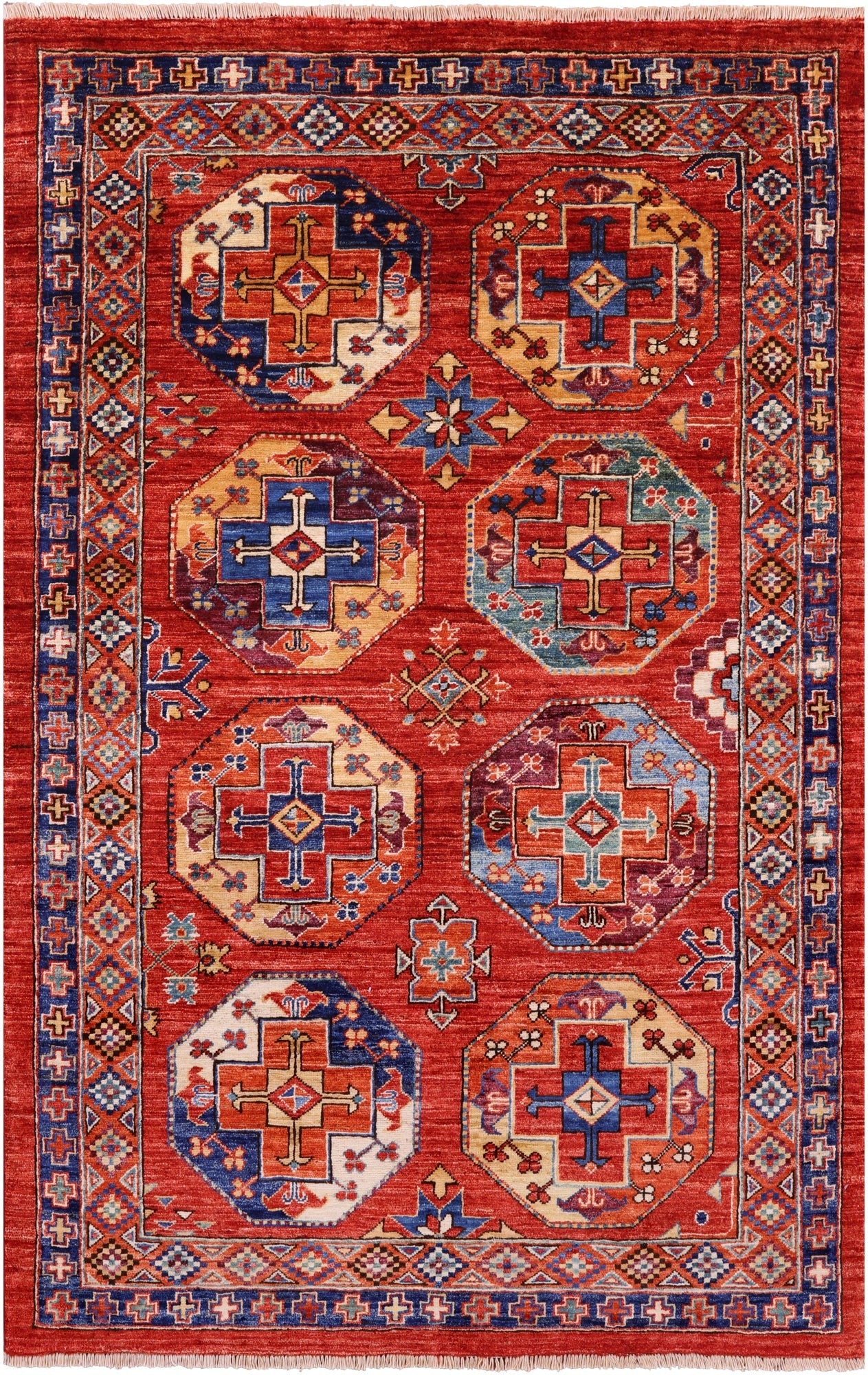 Red Turkmen Ersari Hand Knotted Wool Rug - 3' 9" X 5' 10" - Golden Nile