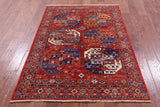 Red Turkmen Ersari Hand Knotted Wool Rug - 4' 1" X 5' 9" - Golden Nile