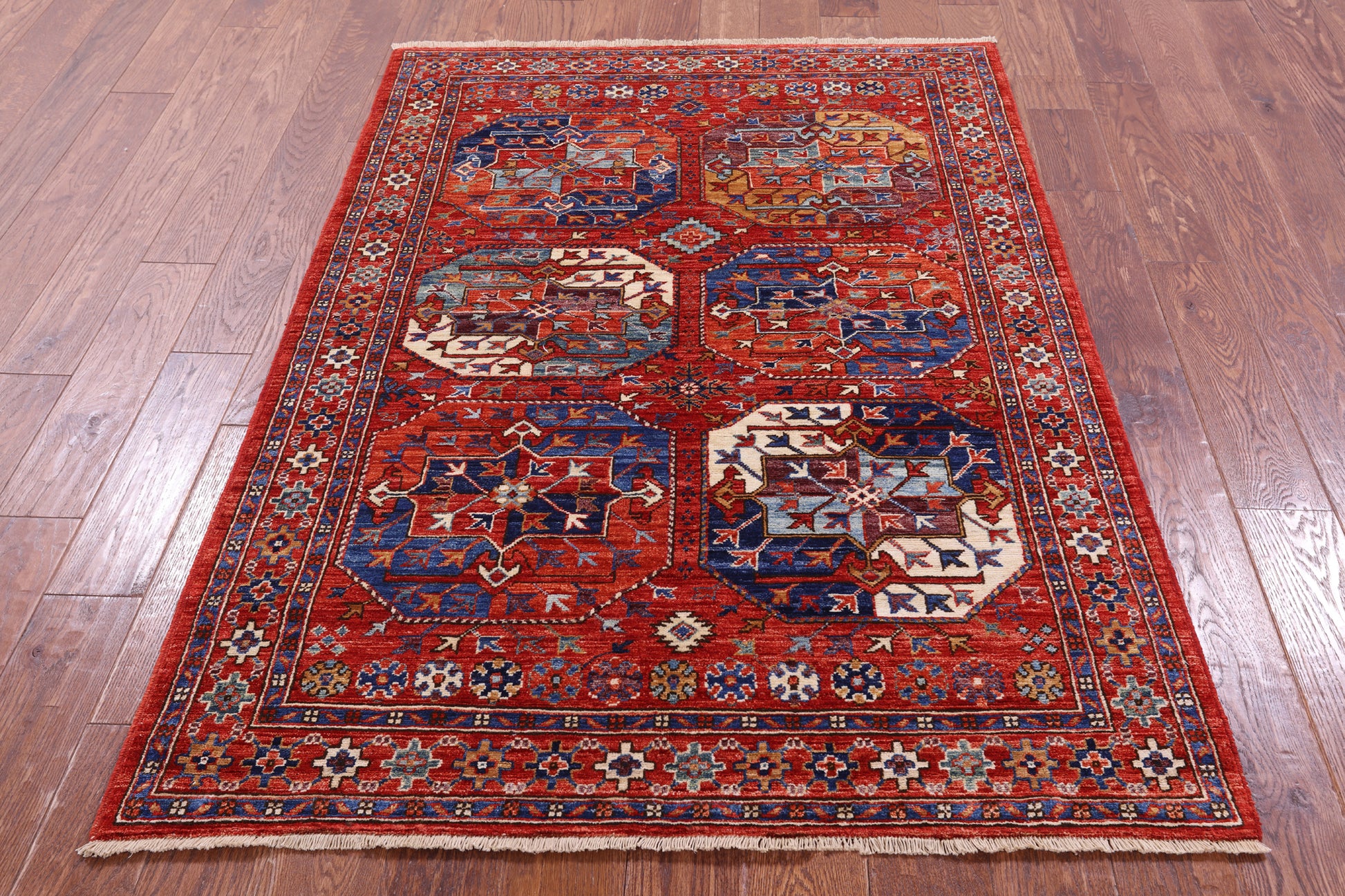 Red Turkmen Ersari Hand Knotted Wool Rug - 4' 1" X 5' 9" - Golden Nile