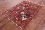 Red Turkmen Ersari Hand Knotted Wool Rug - 4' 1" X 5' 9" - Golden Nile