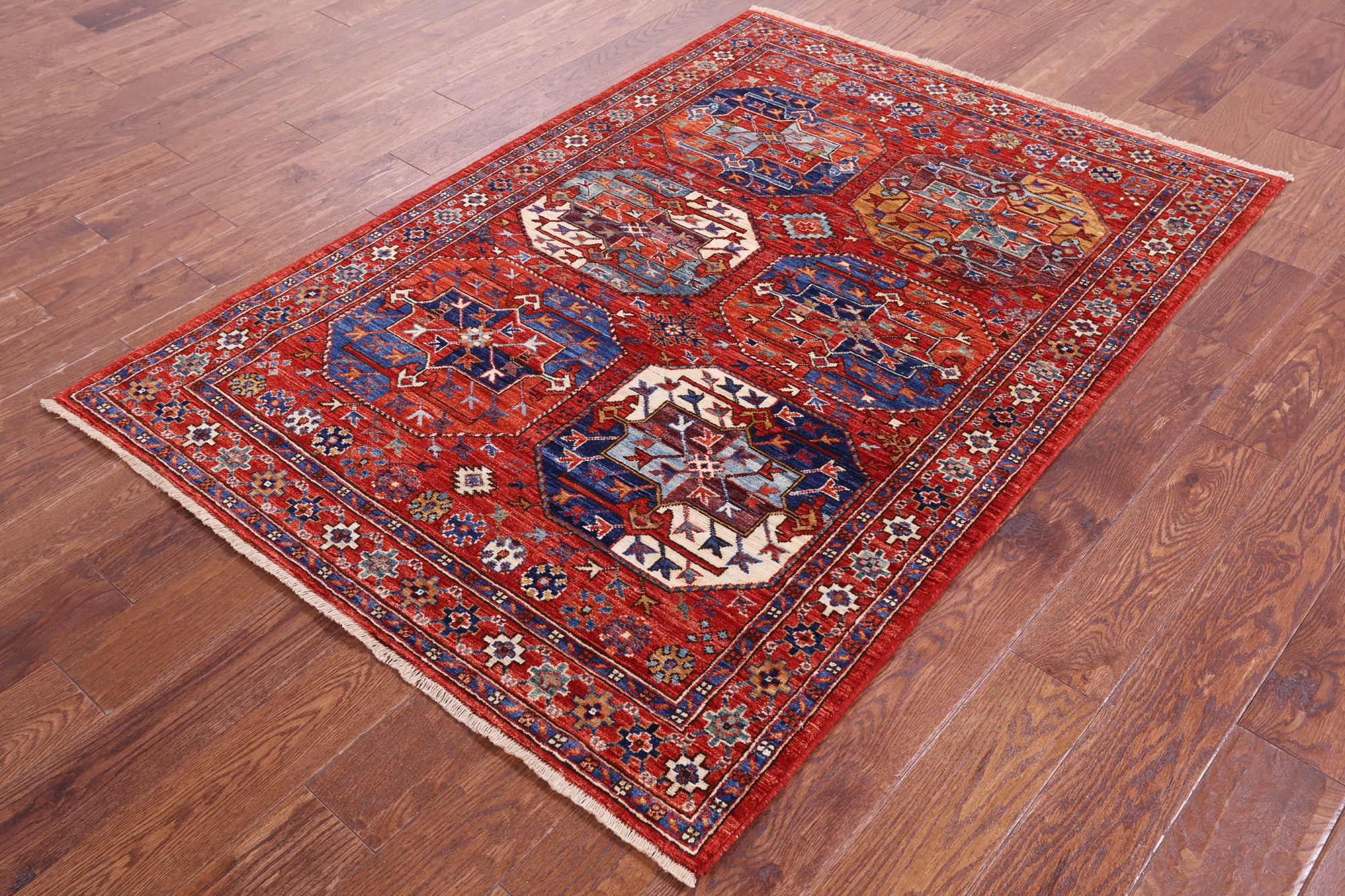 Red Turkmen Ersari Hand Knotted Wool Rug - 4' 1" X 5' 9" - Golden Nile
