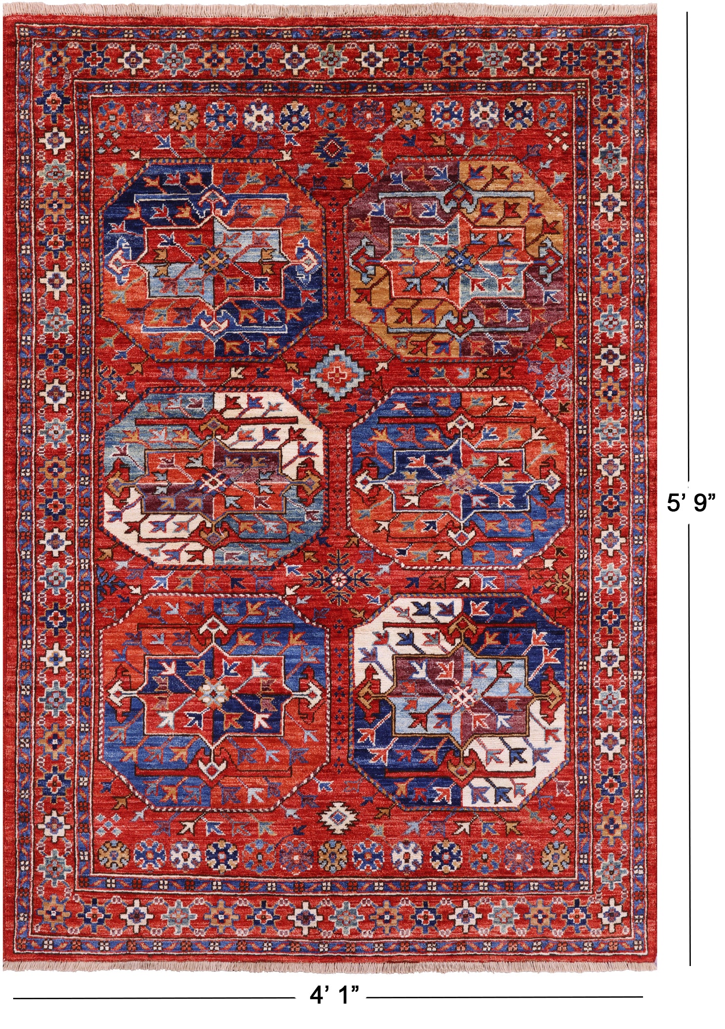 Red Turkmen Ersari Hand Knotted Wool Rug - 4' 1" X 5' 9" - Golden Nile