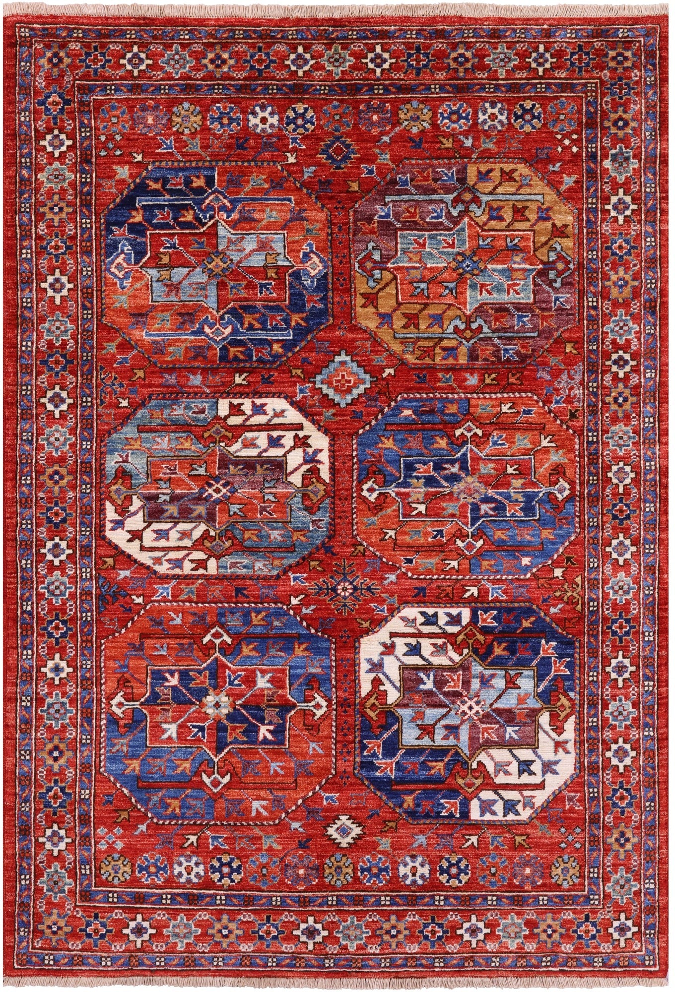 Red Turkmen Ersari Hand Knotted Wool Rug - 4' 1" X 5' 9" - Golden Nile