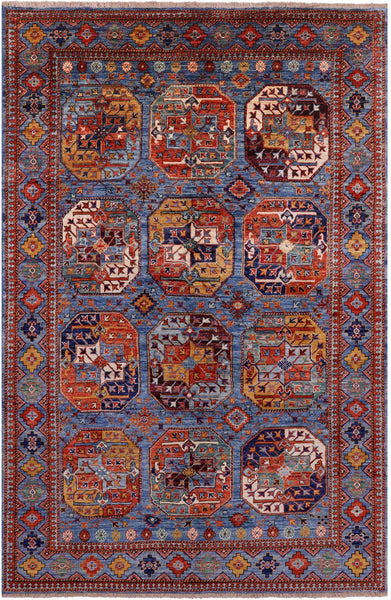 Blue Turkmen Ersari Hand Knotted Wool Rug - 5' 4" X 7' 11" - Golden Nile