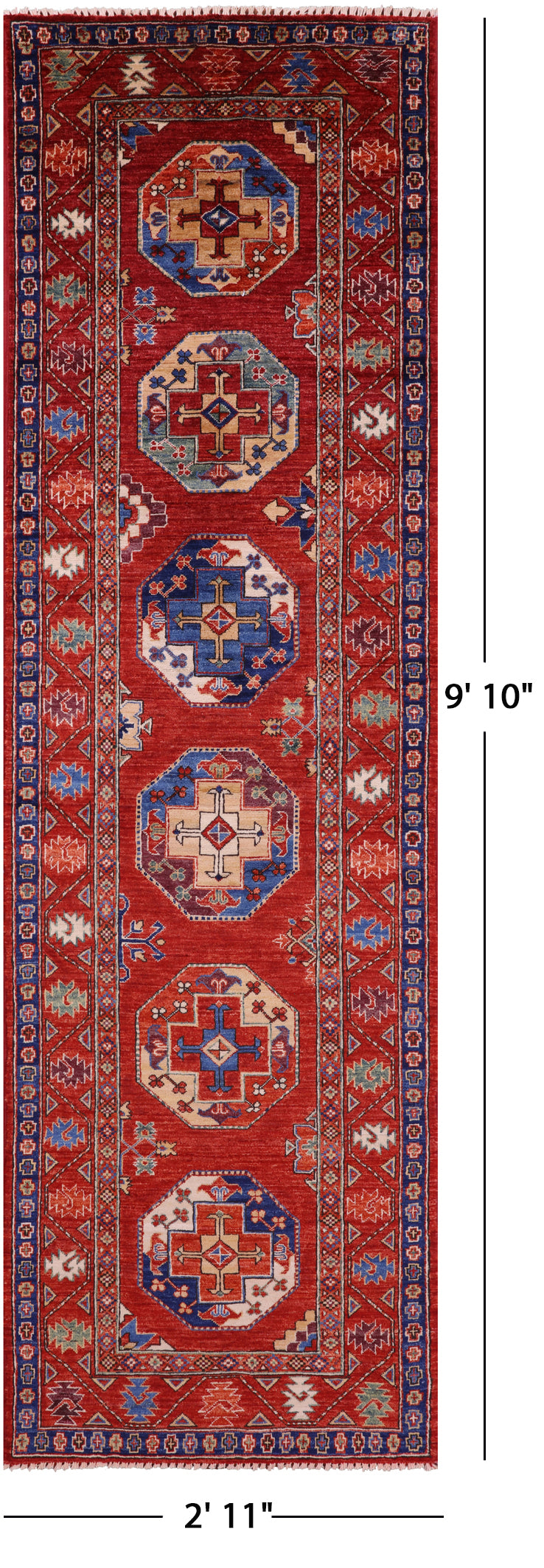 Red Turkmen Ersari Hand Knotted Wool Runner Rug - 2' 11" X 9' 10" - Golden Nile