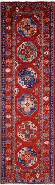 Red Turkmen Ersari Hand Knotted Wool Runner Rug - 2' 11" X 9' 10" - Golden Nile