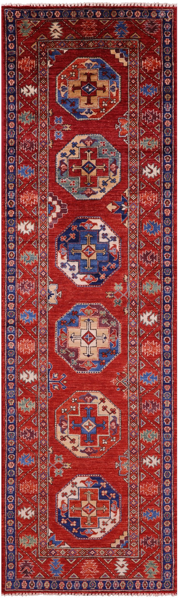 Red Turkmen Ersari Hand Knotted Wool Runner Rug - 2' 11" X 9' 10" - Golden Nile