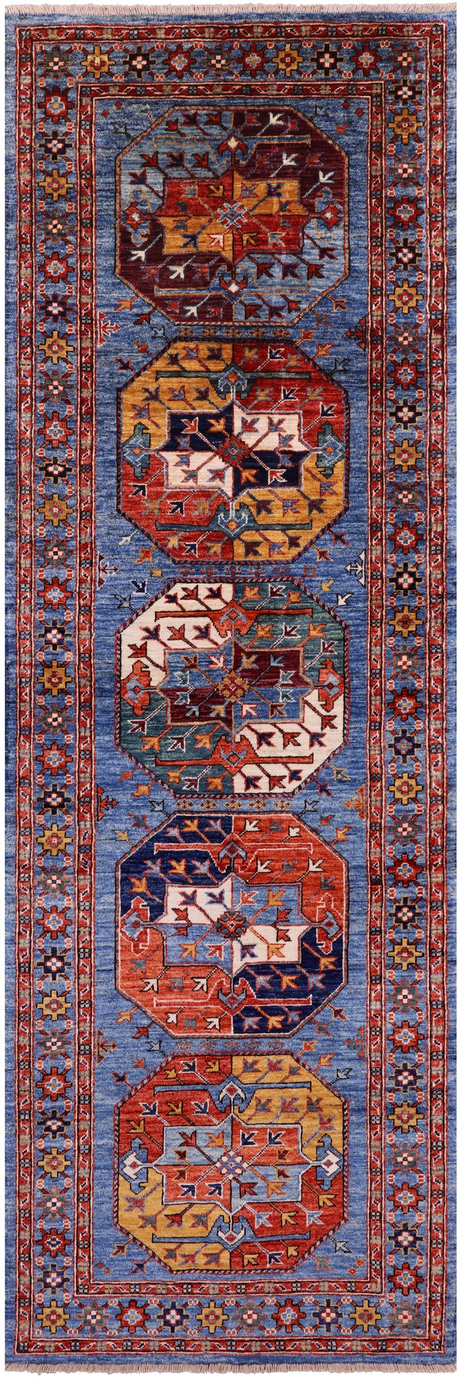 Blue Turkmen Ersari Hand Knotted Wool Runner Rug - 2' 8" X 8' 3" - Golden Nile