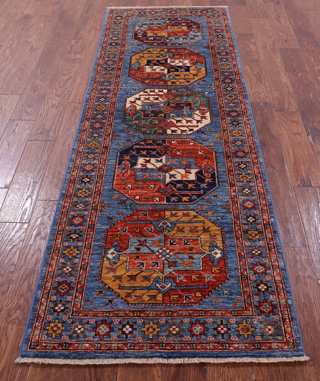 Blue Turkmen Ersari Hand Knotted Wool Runner Rug - 2' 8" X 8' 3" - Golden Nile