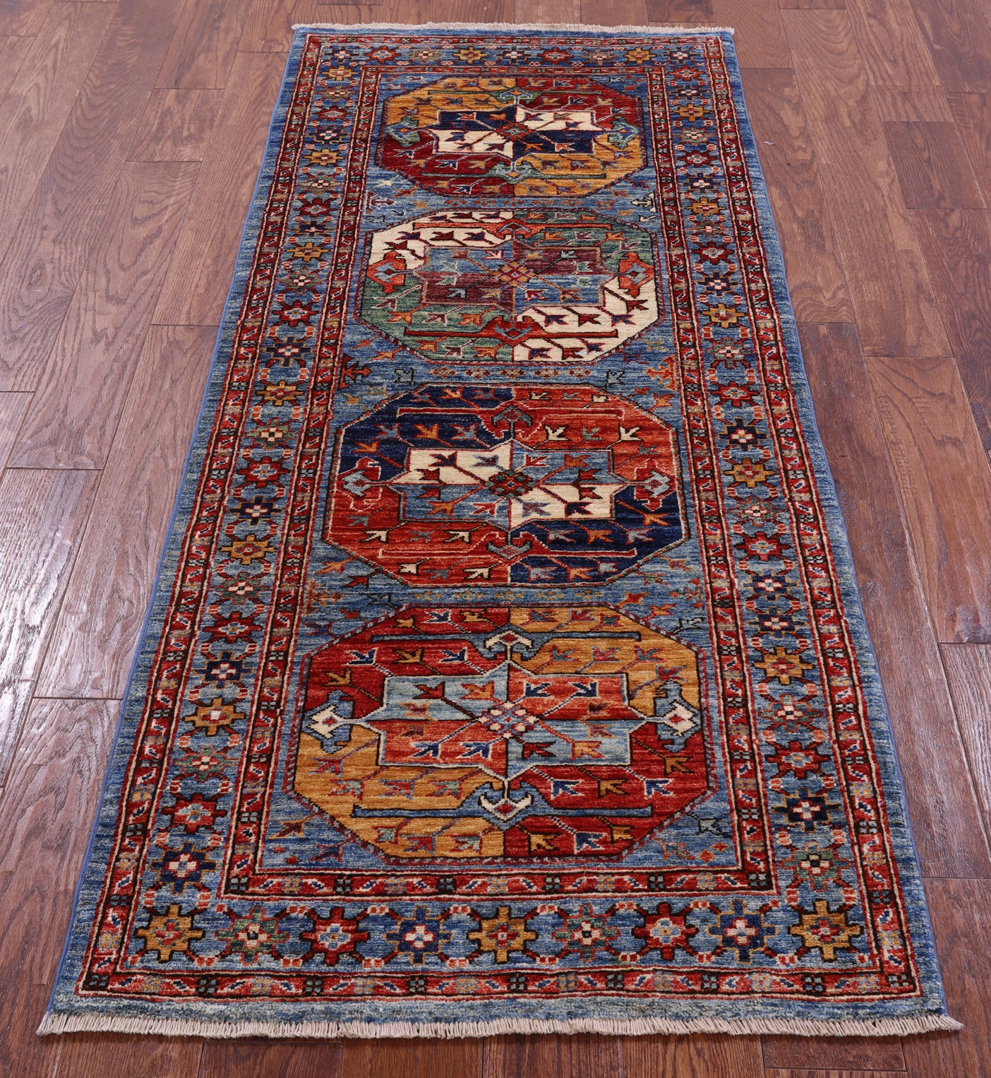 Blue Turkmen Ersari Hand Knotted Wool Runner Rug - 2' 8" X 6' 6" - Golden Nile