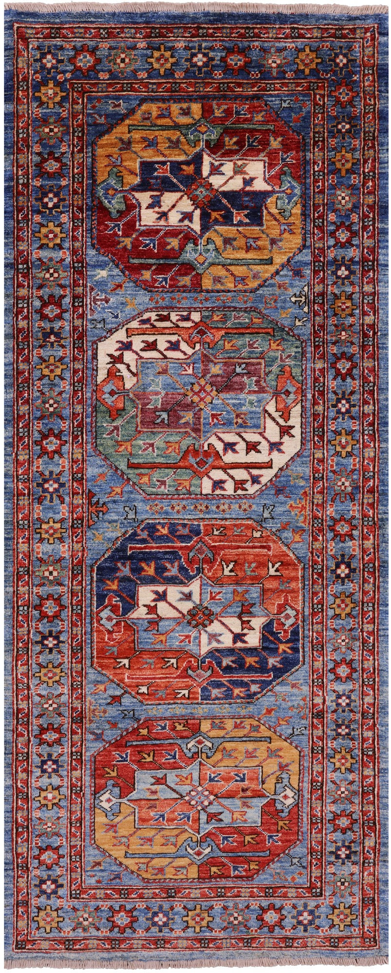 Blue Turkmen Ersari Hand Knotted Wool Runner Rug - 2' 8" X 6' 6" - Golden Nile
