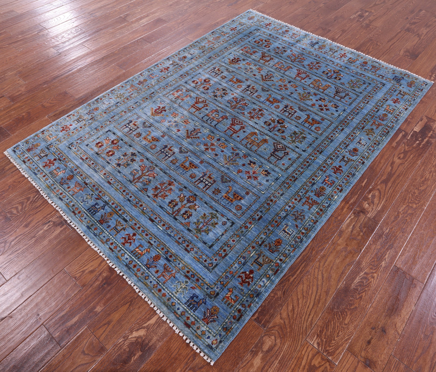 Blue Tribal Persian Gabbeh Hand Knotted Wool Rug - 4' 11" X 7' 0" - Golden Nile