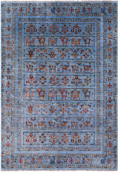 Blue Tribal Persian Gabbeh Hand Knotted Wool Rug - 4' 11" X 7' 0" - Golden Nile