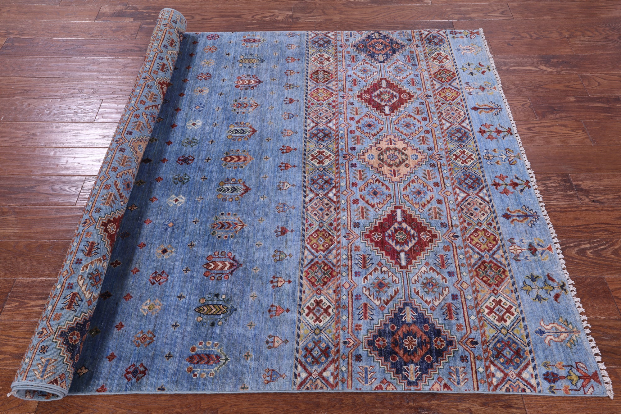 Blue Khorjin Persian Gabbeh Handmade Wool Rug - 5' 0" X 6' 9" - Golden Nile
