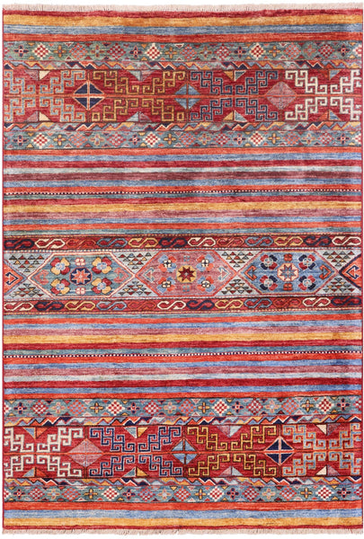 Khorjin Persian Gabbeh Hand Knotted Wool Rug - 4' 0" X 5' 9" - Golden Nile