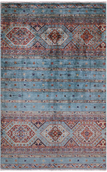 Blue Khorjin Persian Gabbeh Hand Knotted Wool Rug - 3' 5" X 5' 3" - Golden Nile