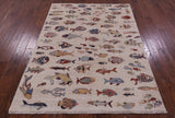 Ivory Fish Design Persian Gabbeh Hand Knotted Wool Rug - 4' 10" X 6' 4" - Golden Nile
