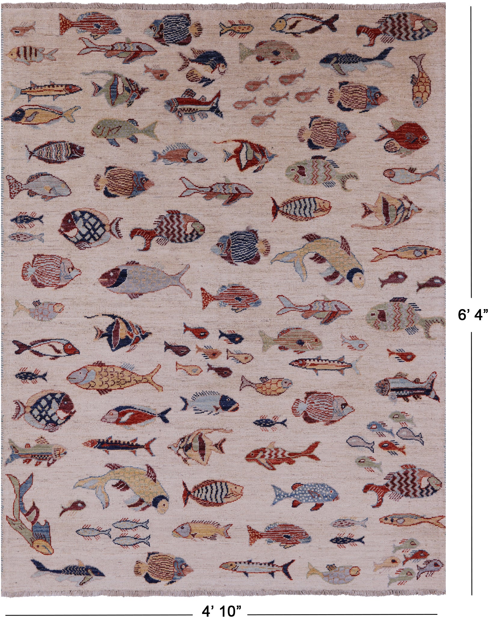 Ivory Fish Design Persian Gabbeh Hand Knotted Wool Rug - 4' 10" X 6' 4" - Golden Nile