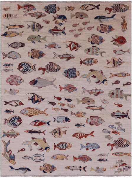 Ivory Fish Design Persian Gabbeh Hand Knotted Wool Rug - 4' 10" X 6' 4" - Golden Nile