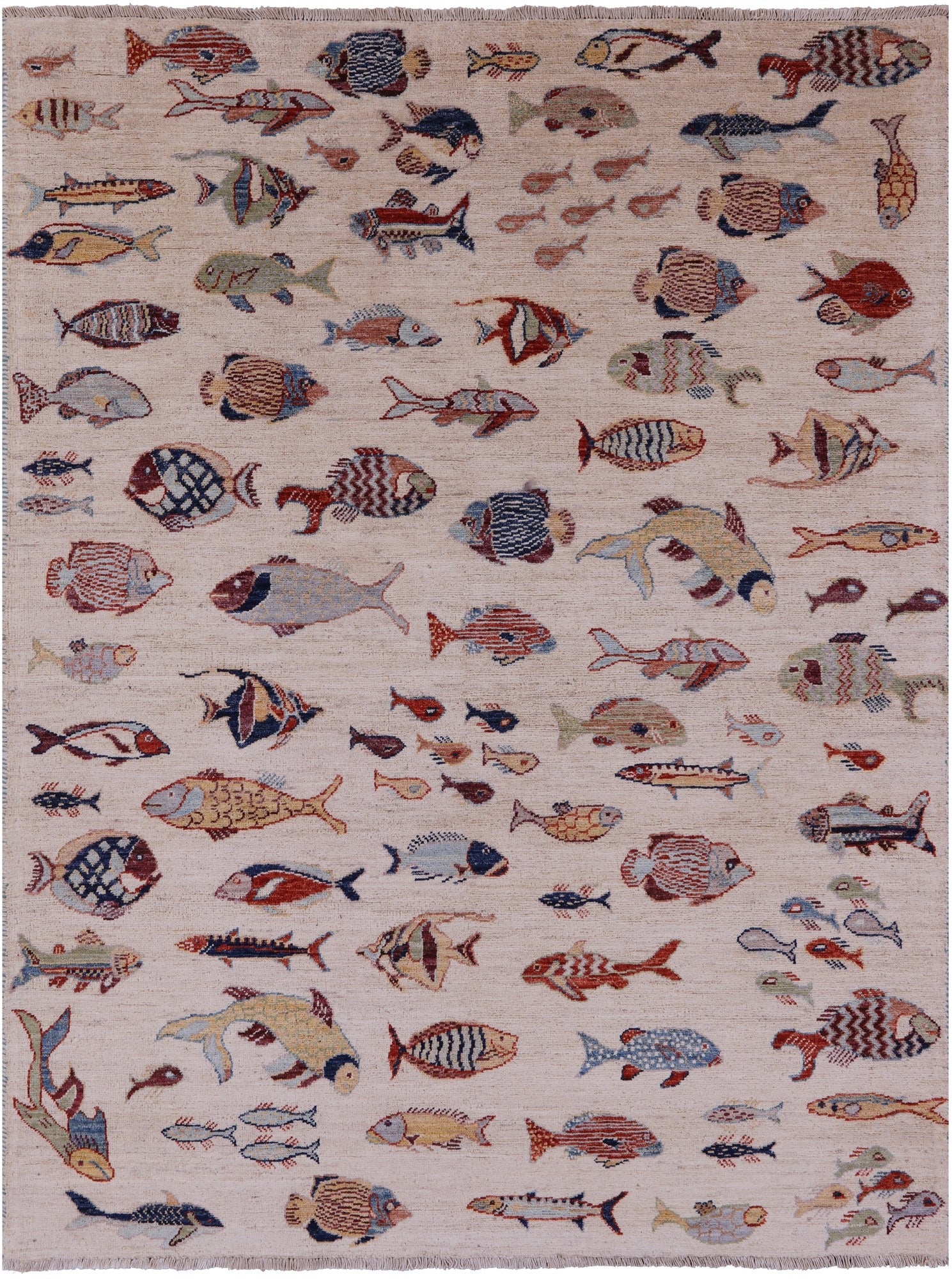 Ivory Fish Design Persian Gabbeh Hand Knotted Wool Rug - 4' 10" X 6' 4" - Golden Nile
