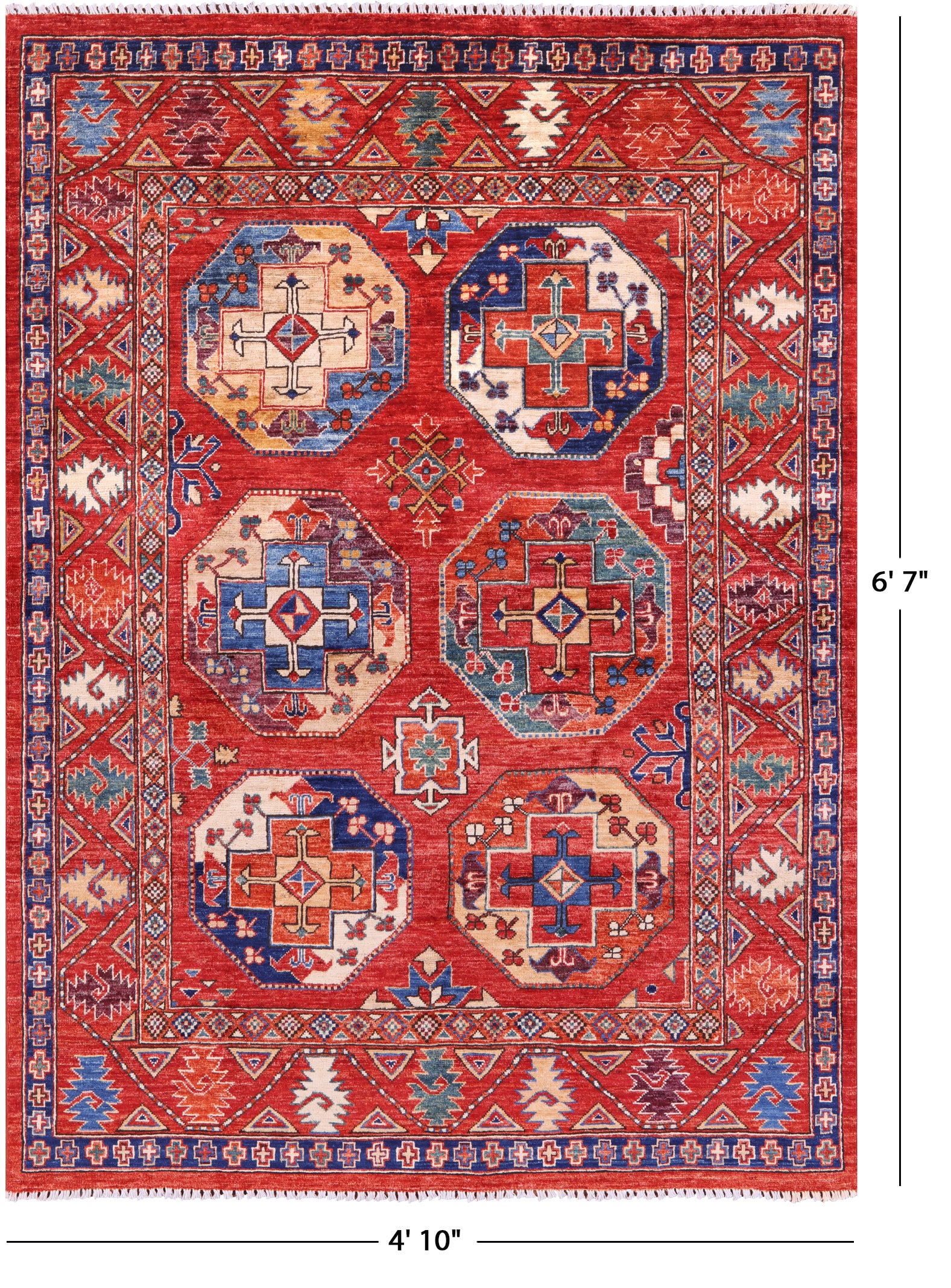 Red Turkmen Ersari Hand Knotted Wool Rug - 4' 10" X 6' 7" - Golden Nile