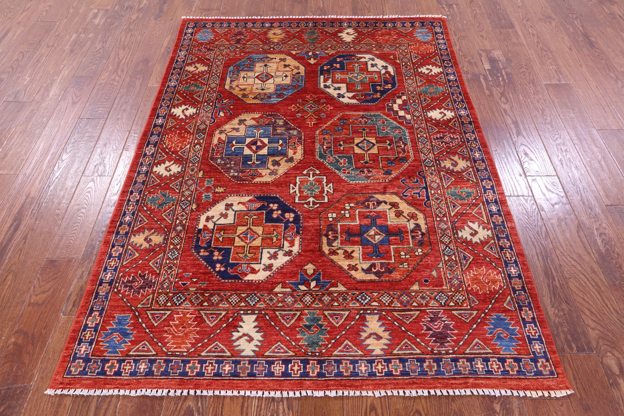 Red Turkmen Ersari Hand Knotted Wool Rug - 4' 10" X 6' 7" - Golden Nile