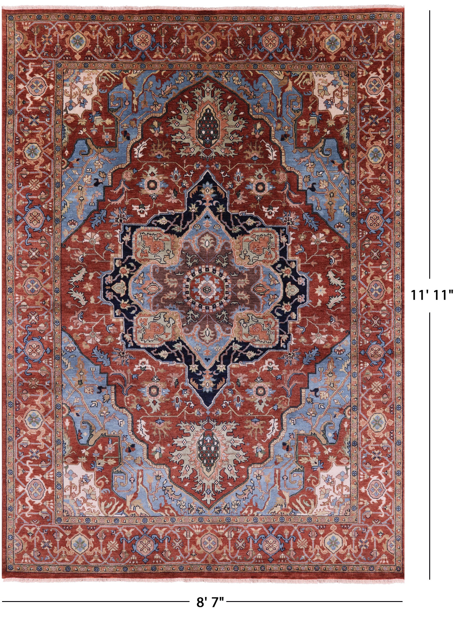 Rust Persian Fine Serapi Hand Knotted Wool Rug - 8' 7" X 11' 11" - Golden Nile