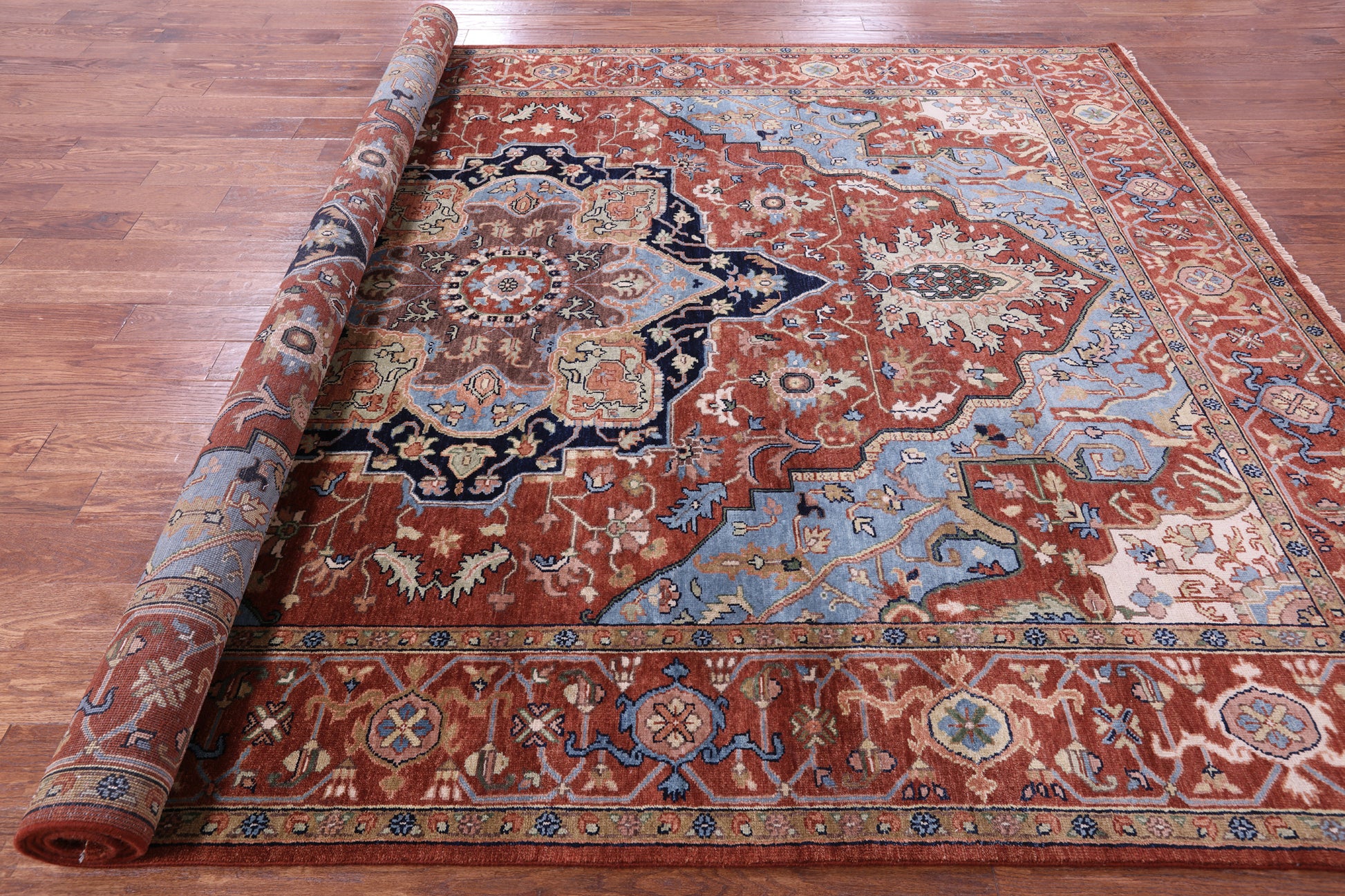 Rust Persian Fine Serapi Hand Knotted Wool Rug - 8' 7" X 11' 11" - Golden Nile