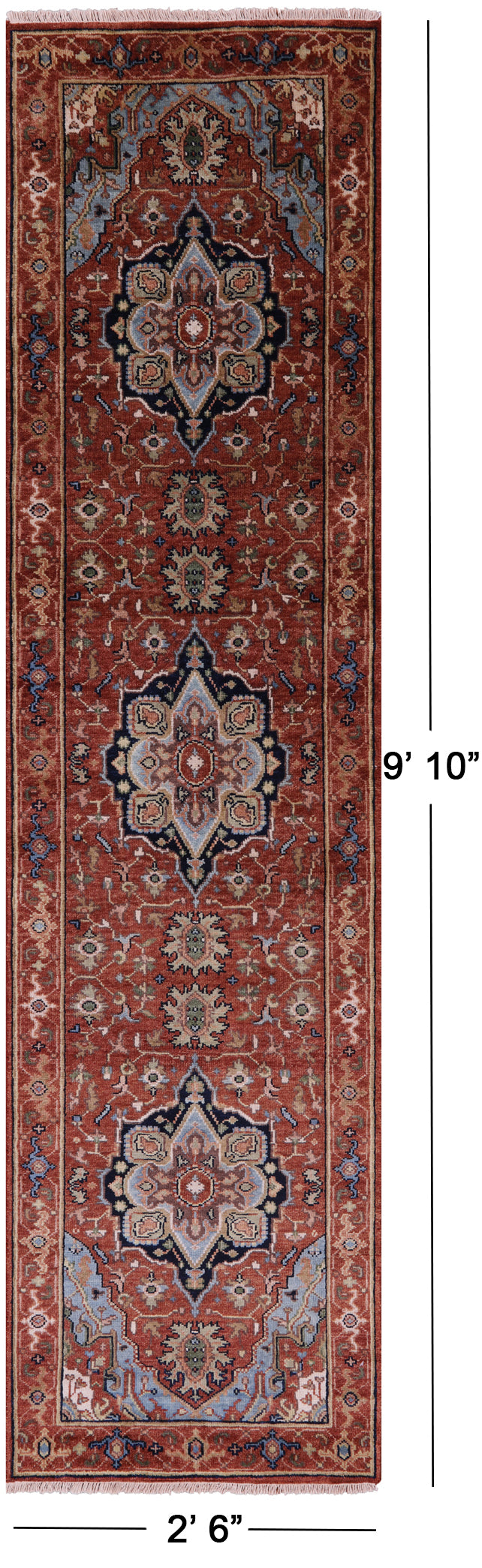 Rust Persian Fine Serapi Hand Knotted Wool Runner Rug - 2' 6" X 9' 10" - Golden Nile