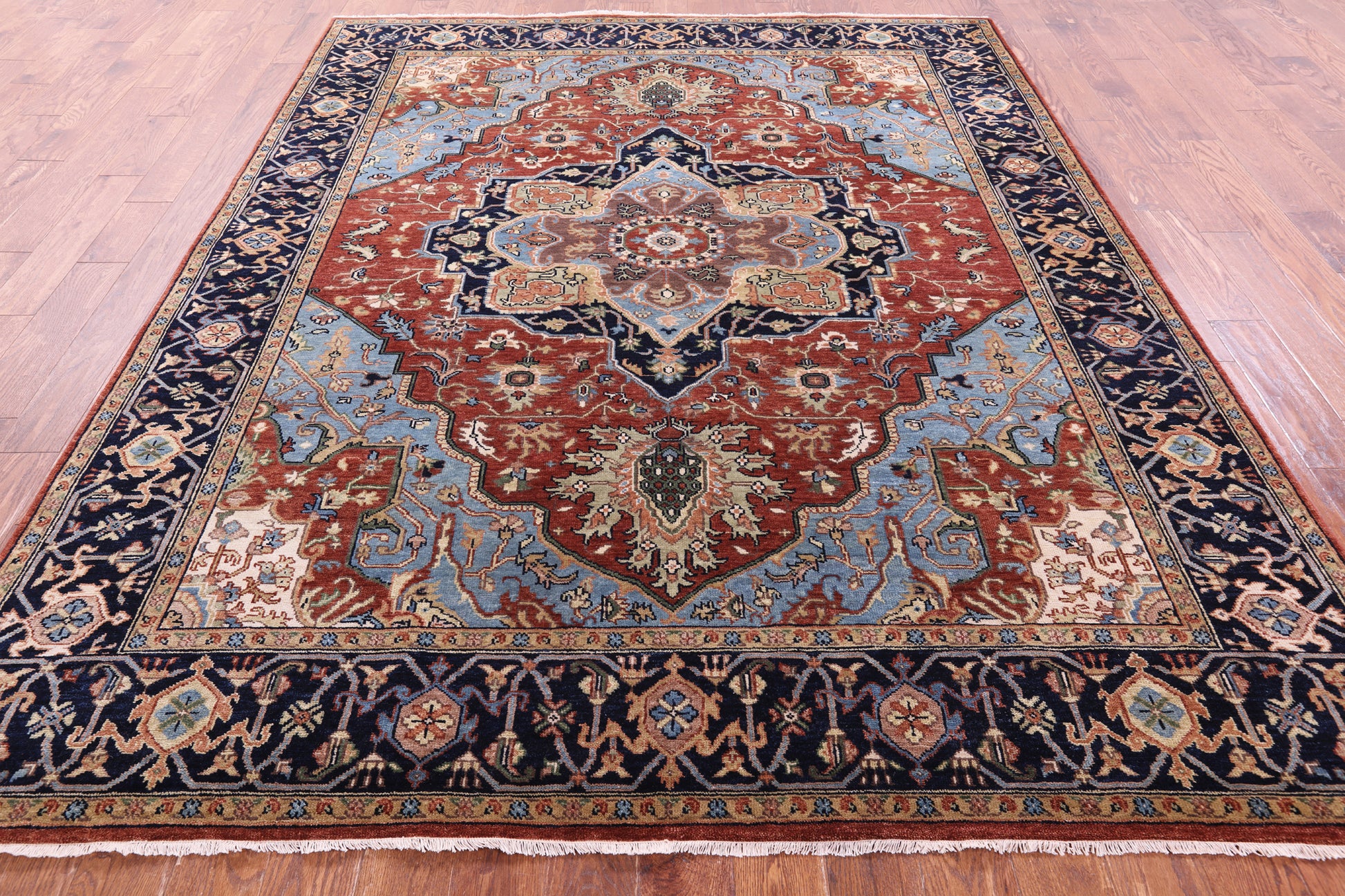 Rust Persian Fine Serapi Hand Knotted Wool Rug - 7' 10" X 9' 10" - Golden Nile