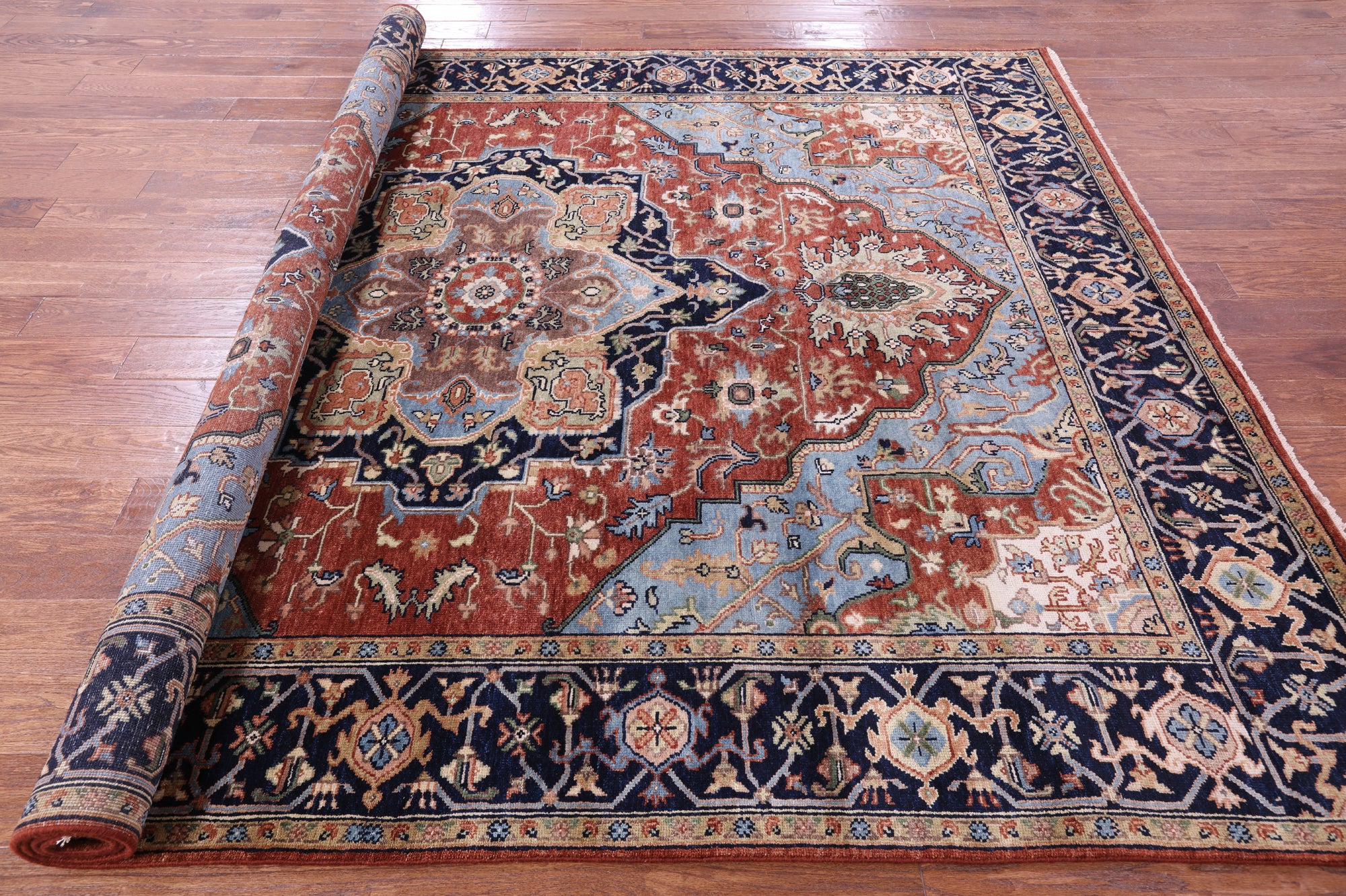 Rust Persian Fine Serapi Hand Knotted Wool Rug - 7' 10" X 9' 10" - Golden Nile