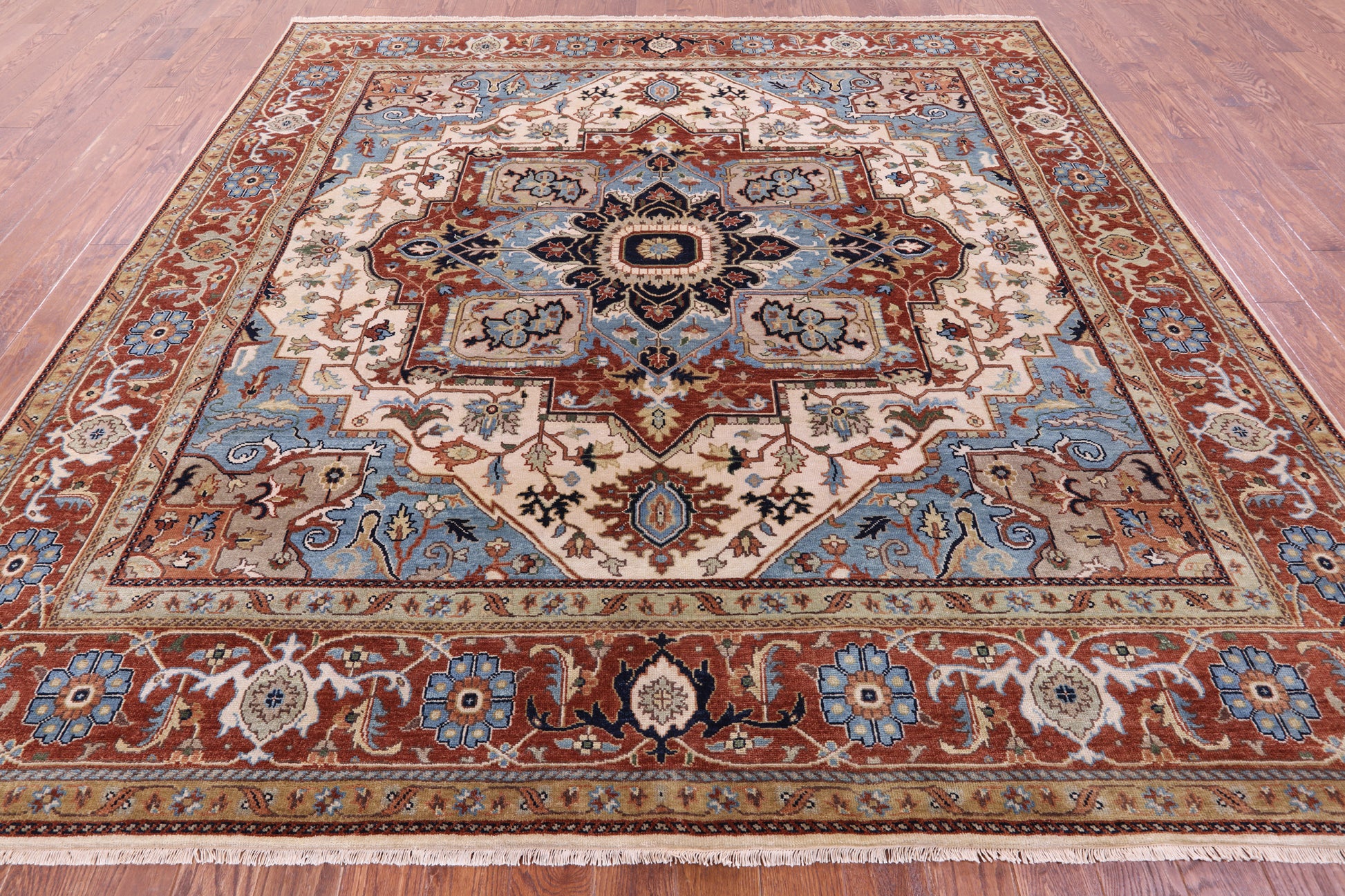 Ivory Square Persian Fine Serapi Hand Knotted Wool Rug - 9' 11" X 10' 0" - Golden Nile