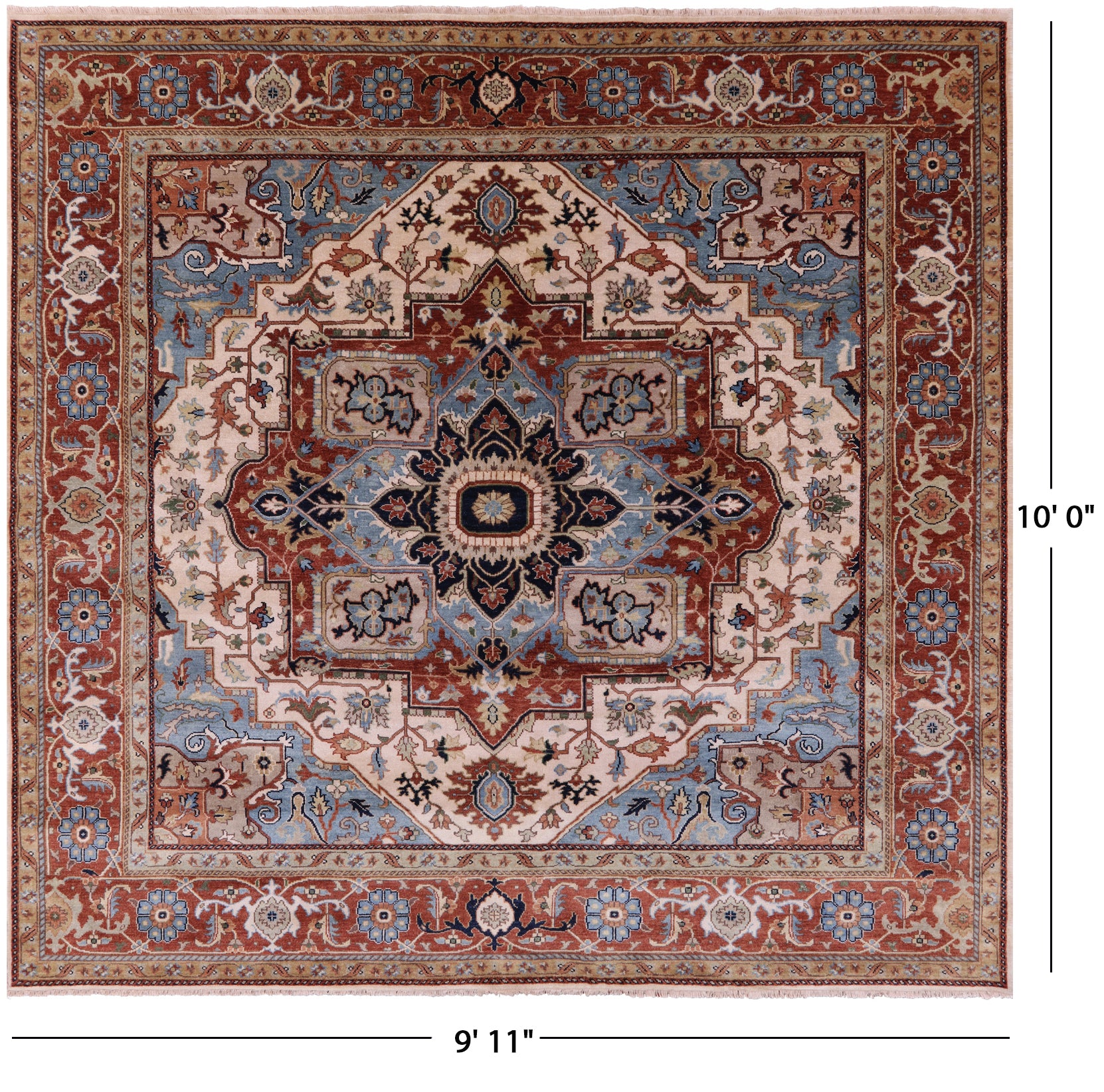 Ivory Square Persian Fine Serapi Hand Knotted Wool Rug - 9' 11" X 10' 0" - Golden Nile