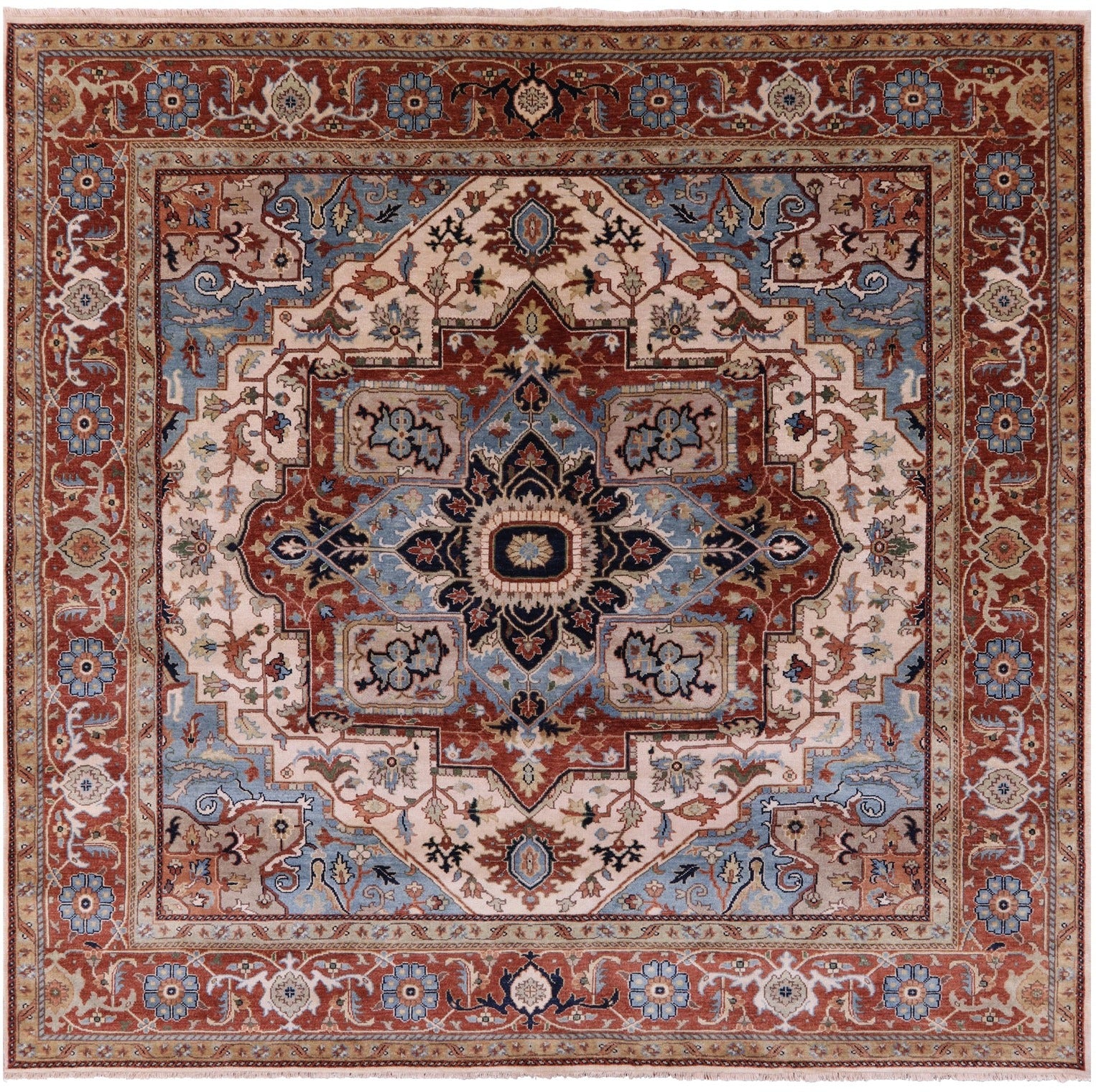 Ivory Square Persian Fine Serapi Hand Knotted Wool Rug - 9' 11" X 10' 0" - Golden Nile