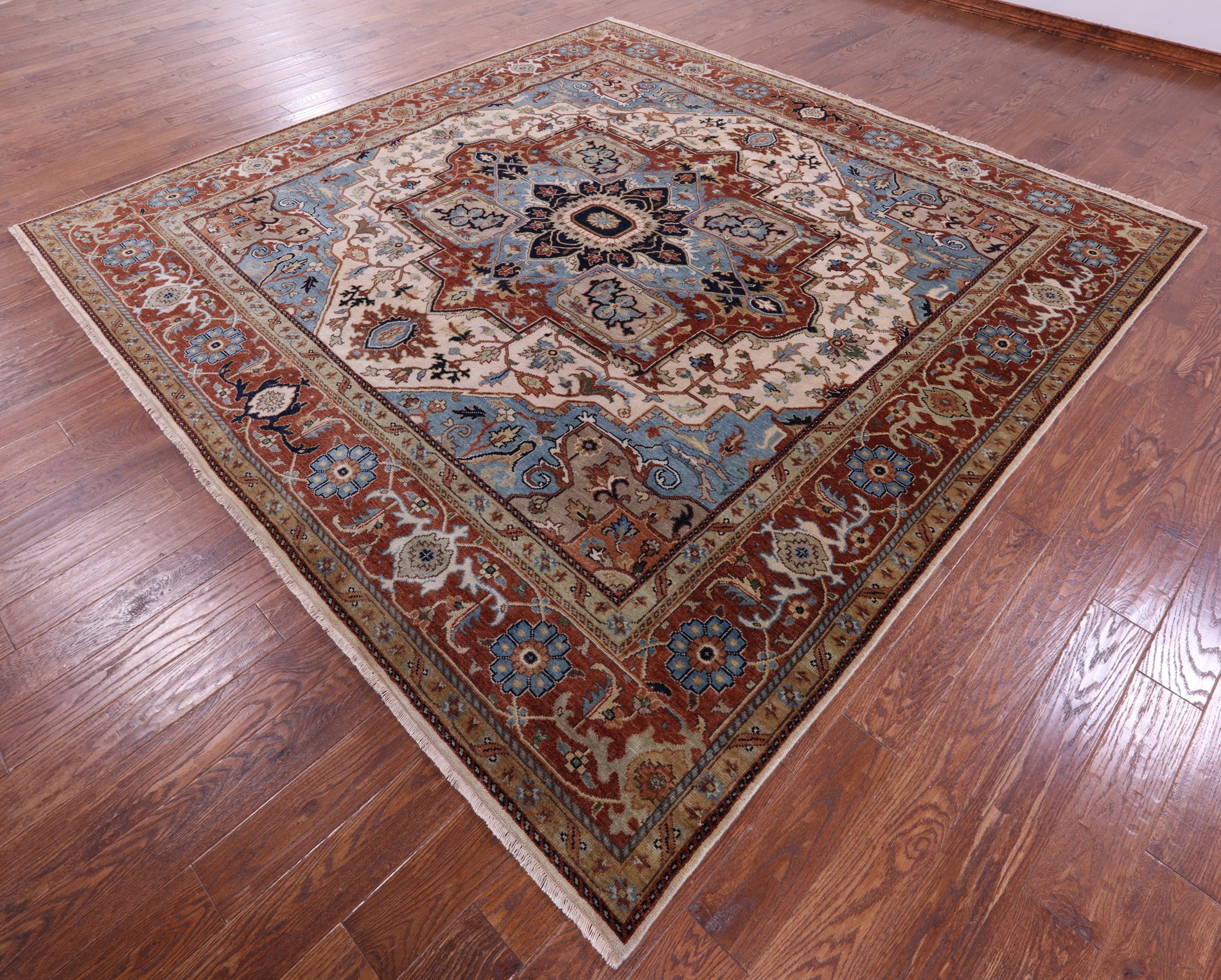 Ivory Square Persian Fine Serapi Hand Knotted Wool Rug - 9' 11" X 10' 0" - Golden Nile